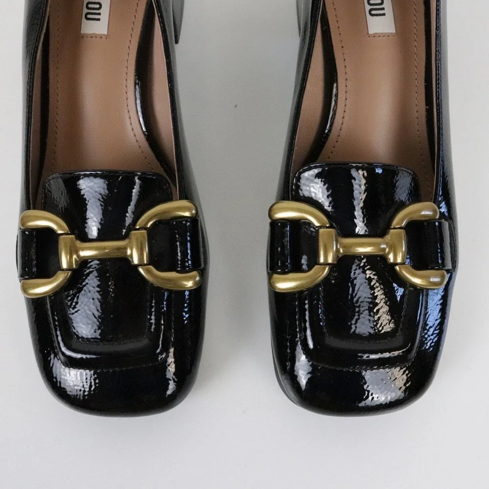 Anthropologie Bibi Lou Valencia Loafer Pumps Heels Black Patent Leather 37 6.5